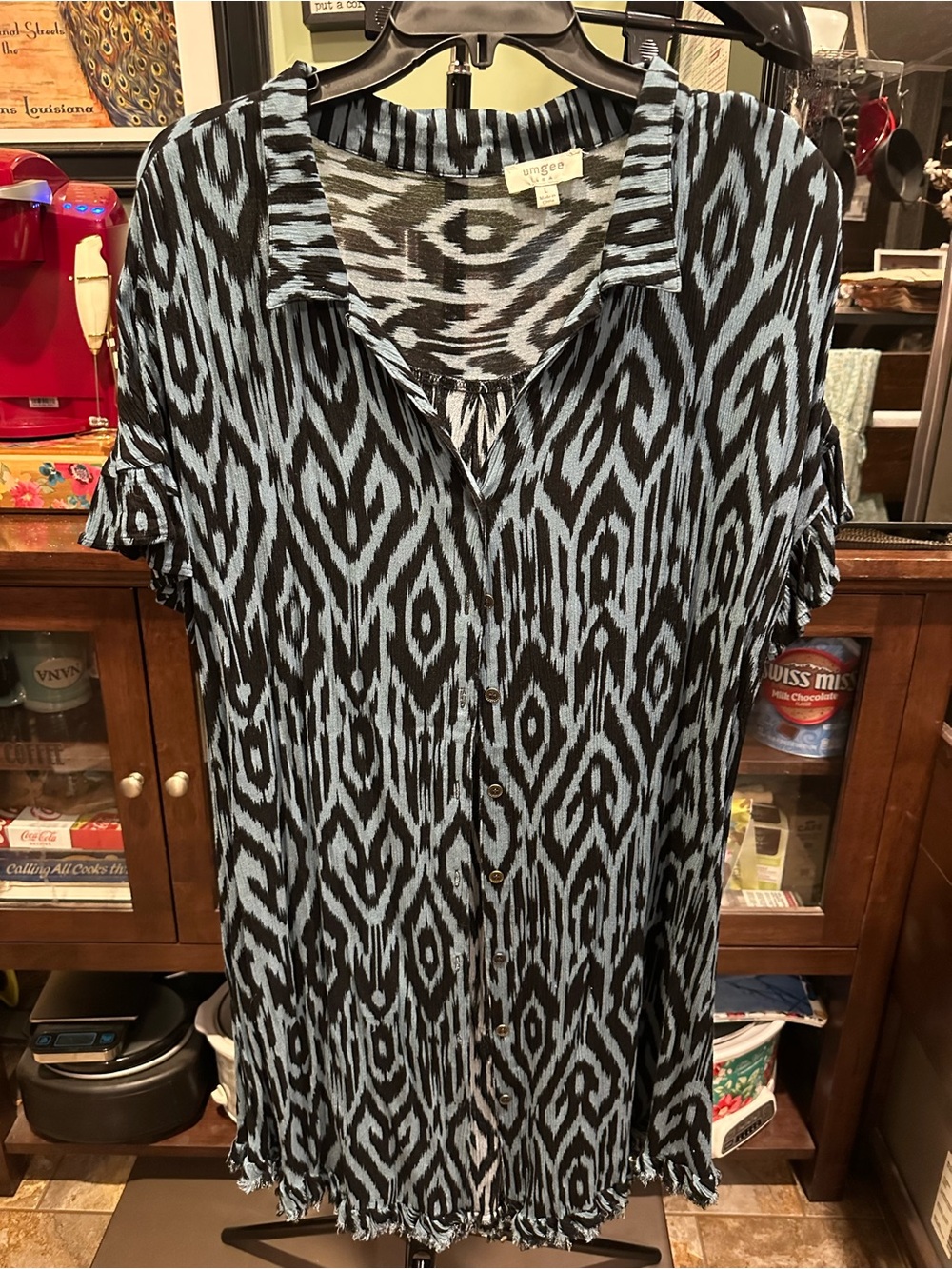 Umgee Short Sleeve Button Front Dress/Top in Black and Teal Blue